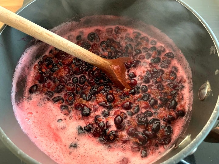 Saucepan filled with blackcurrants and water, at boiling point.