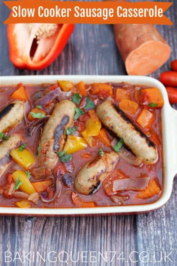 Sausage casserole in serving dish with text overlay.