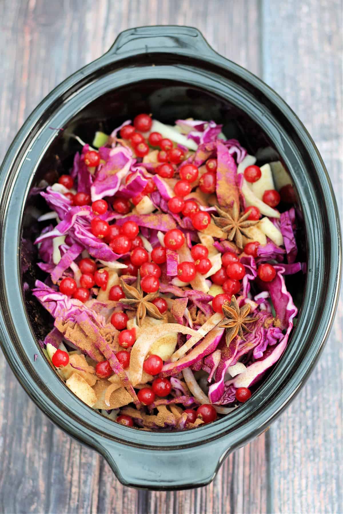 Red cabbage ingredients with star anise and redcurrants on top later, in slow cooker pot.