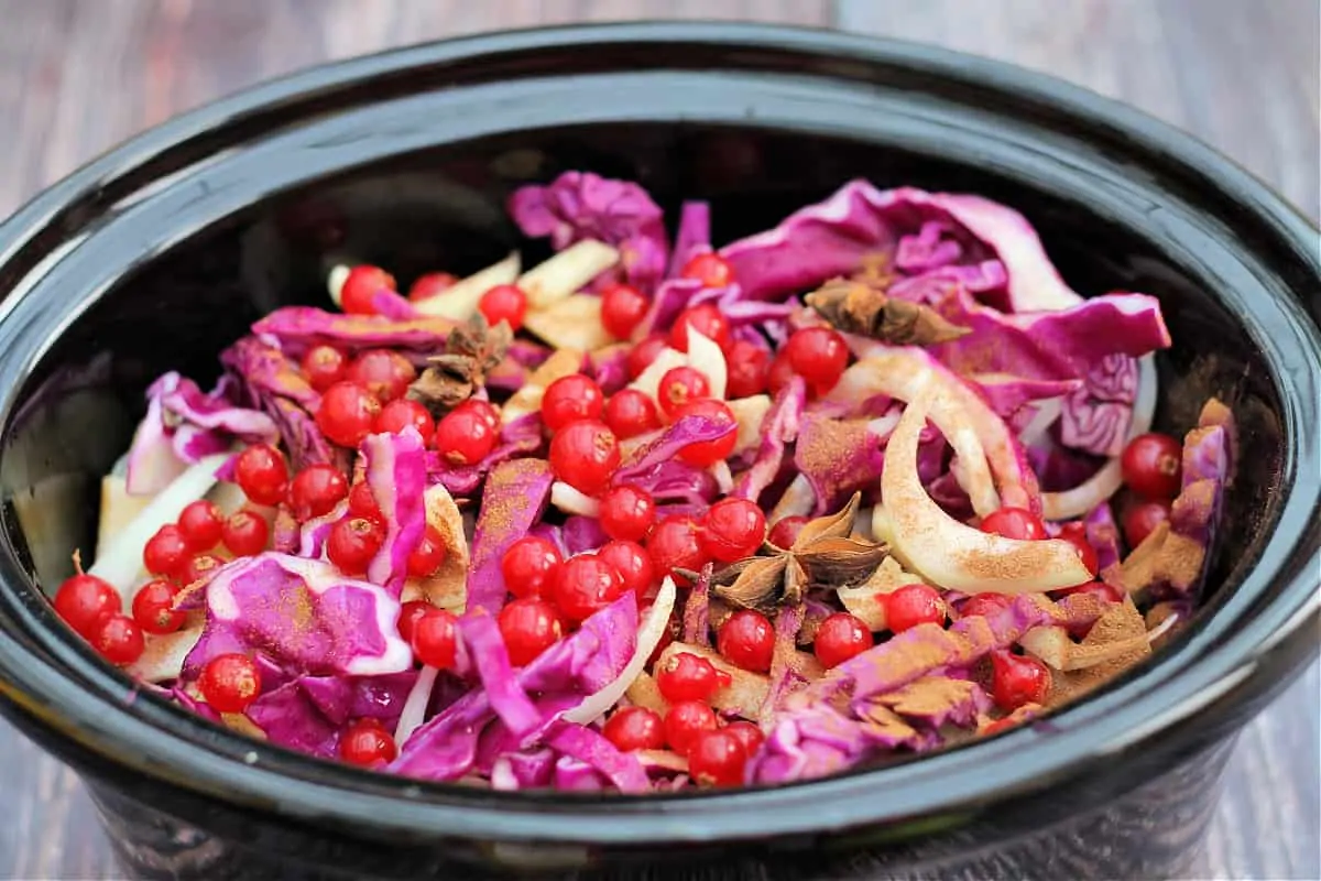 Slow cooker pot filled with red cabbage, sliced onion, herbs and redcurrants.