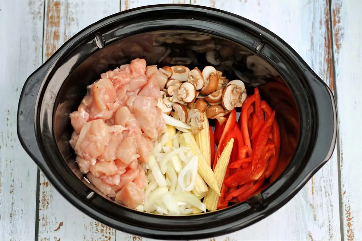 Diced chicken, onion, baby corn, red peppers and mushrooms in slow cooker pot.