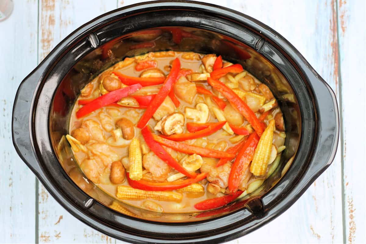 Chicken with vegetables in Chinese curry sauce in slow cooker pot.
