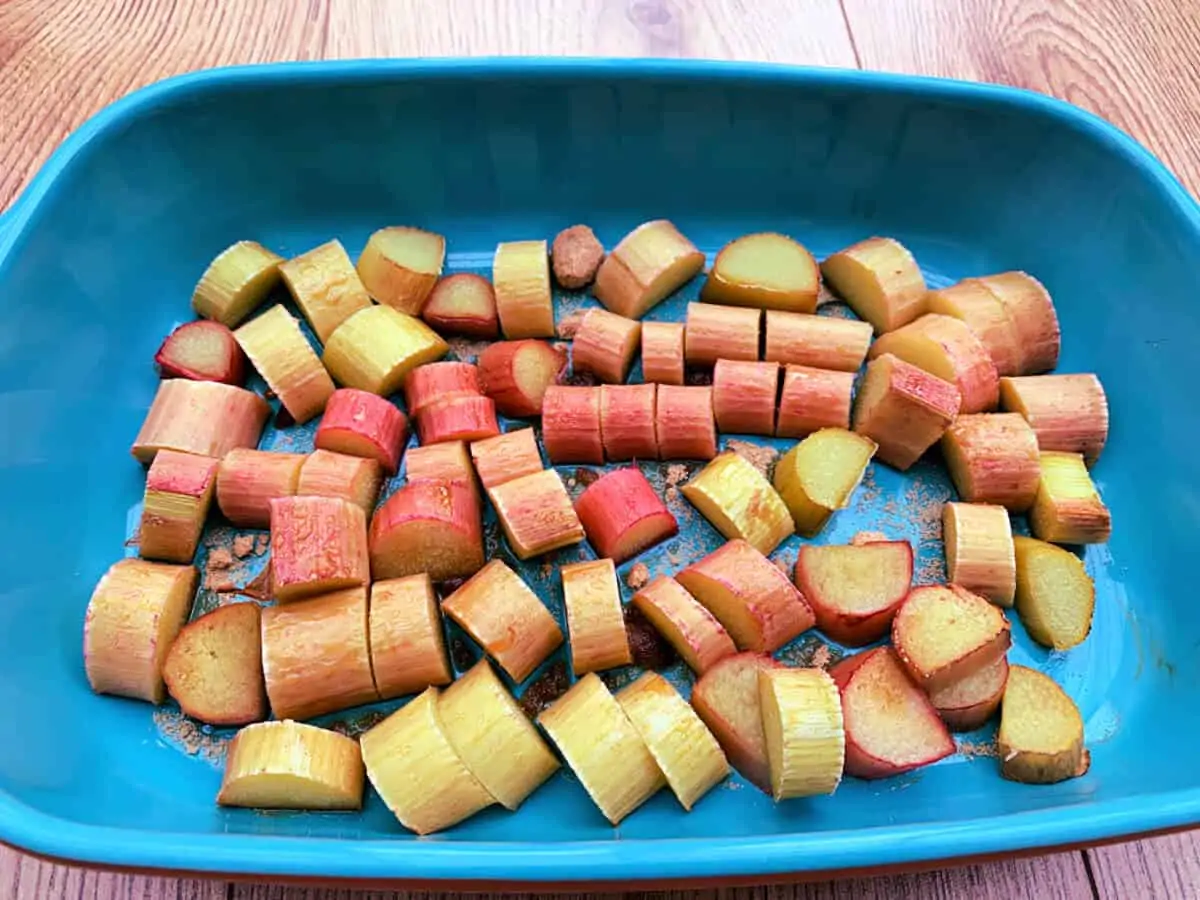 Cooked rhubarb in a baking dish.