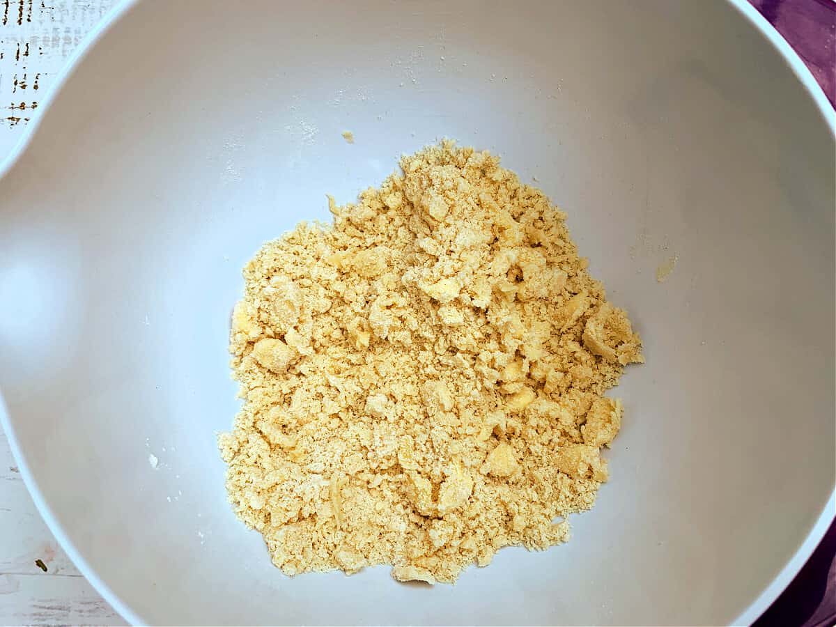 Bowl containing crumble mix before adding the sugar.