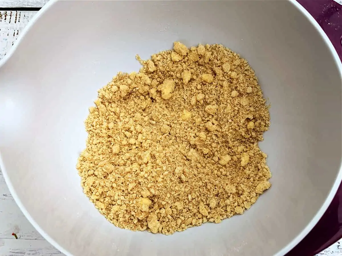 Bowl containing crumble topping ready to use.