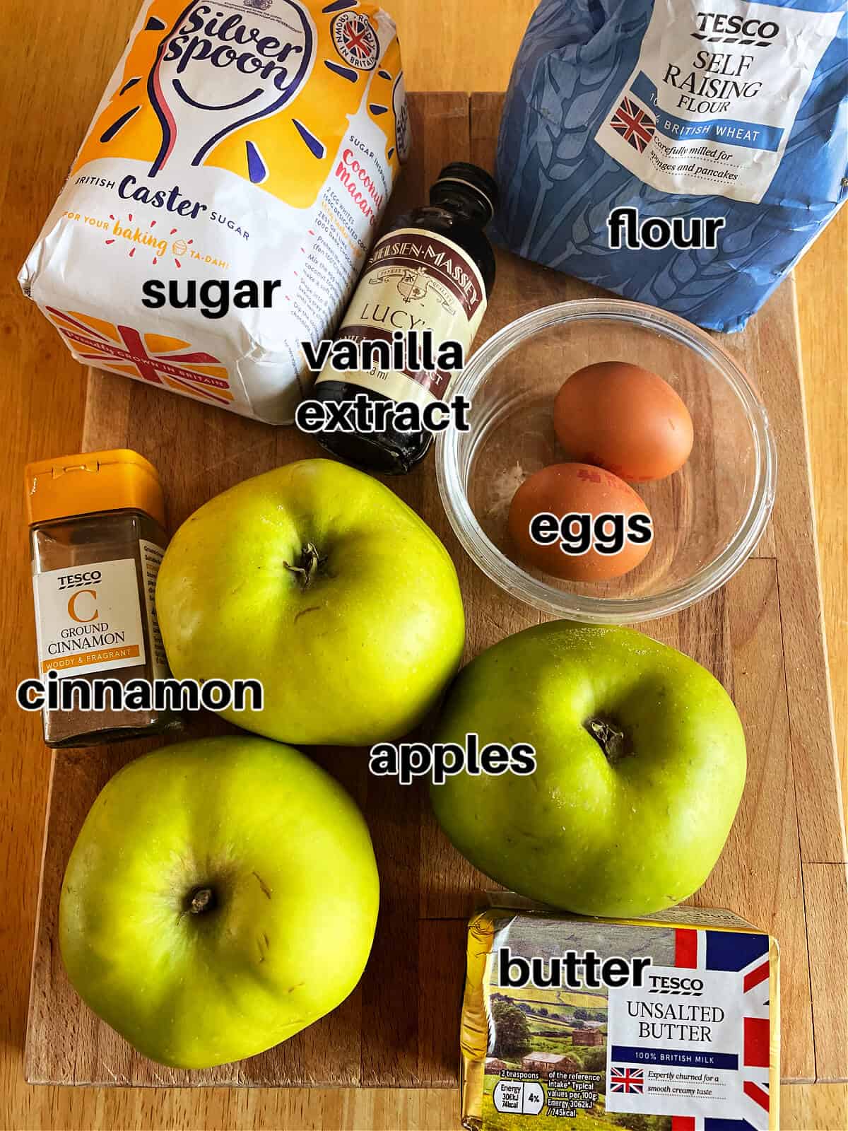 Ingredients for apple sponge pudding, with text labels.