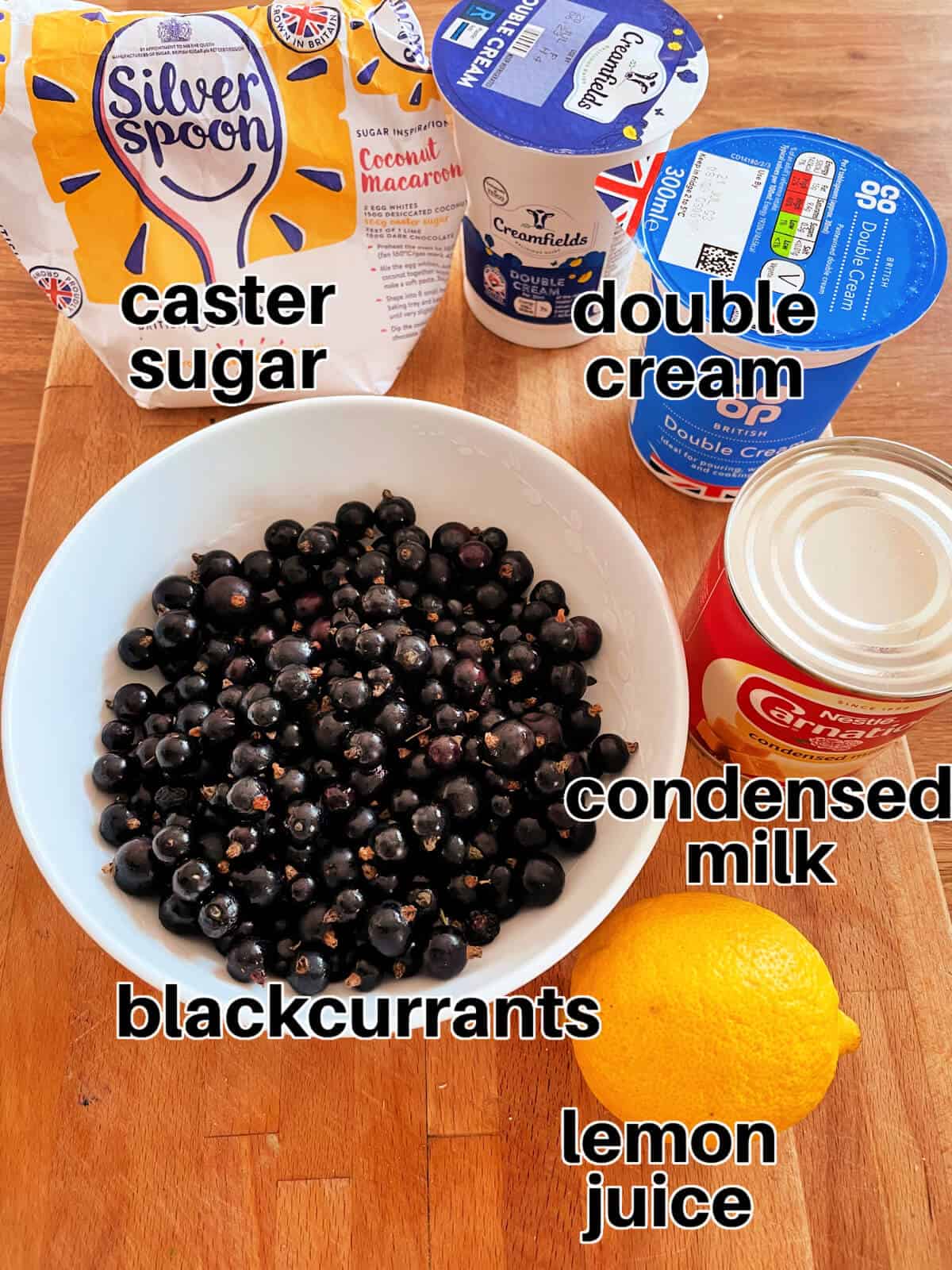 Labelled ingredients for no churn blackcurrant ice cream.