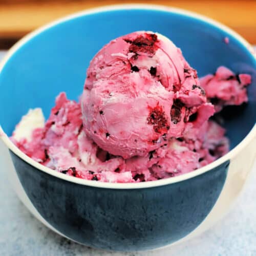 Ice cream in a blue bowl.