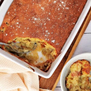 Rhubarb sponge pudding in a dish with bowl served to the side.