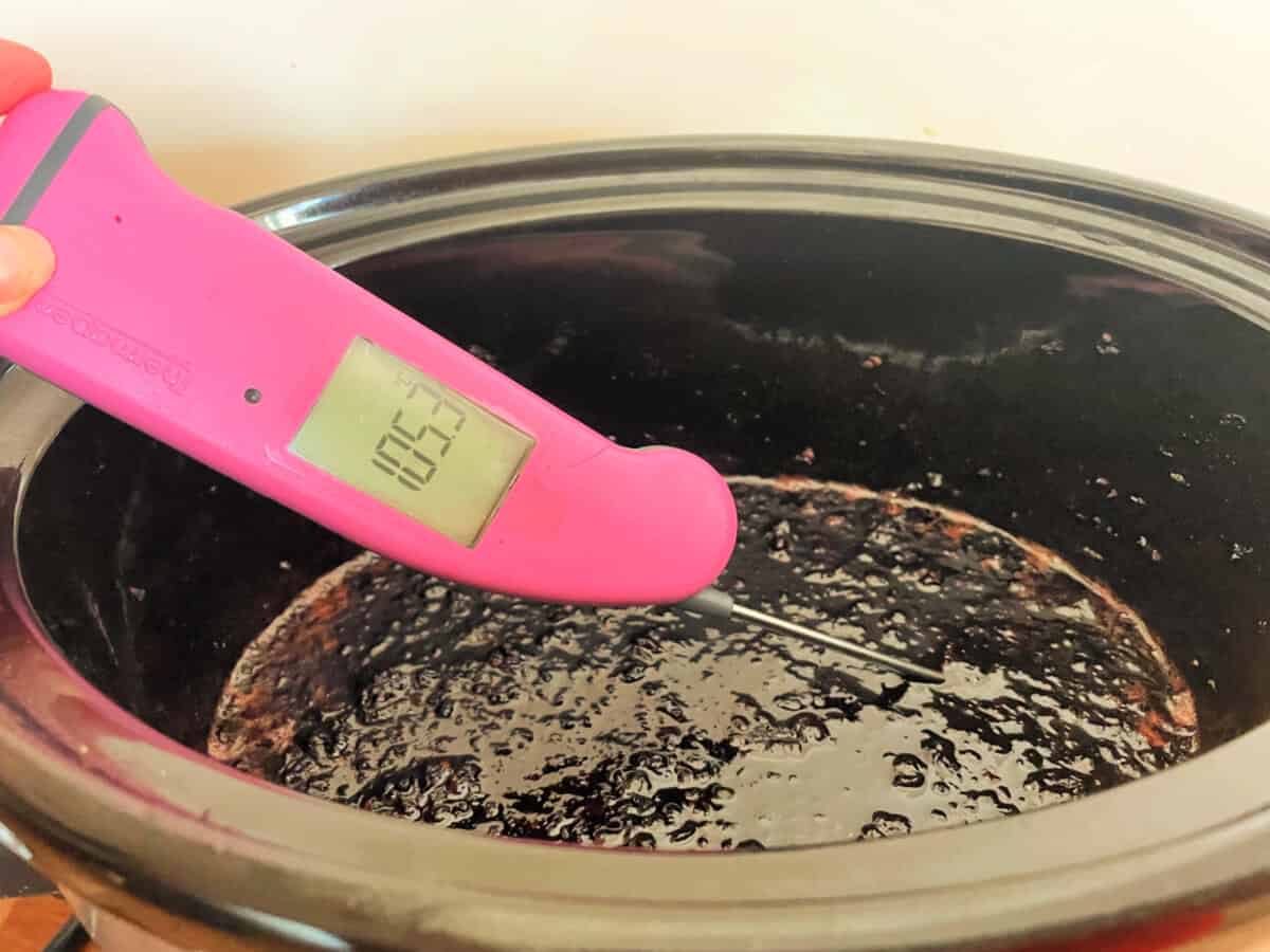 Checking temperature of jam in slow cooker pot, with probe reading 105°C (220°F).