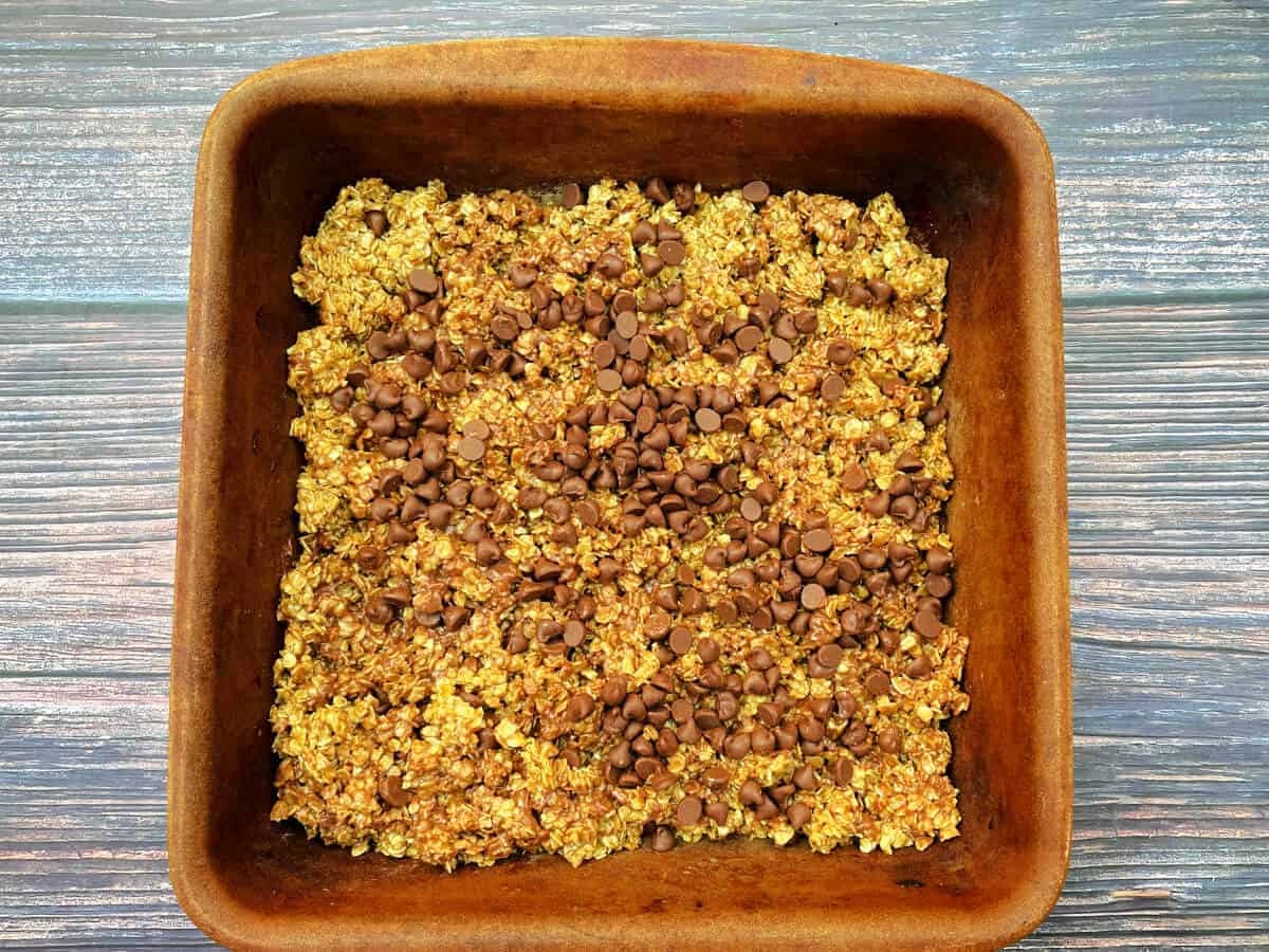 Baking dish with flapjack mixture, before baking.