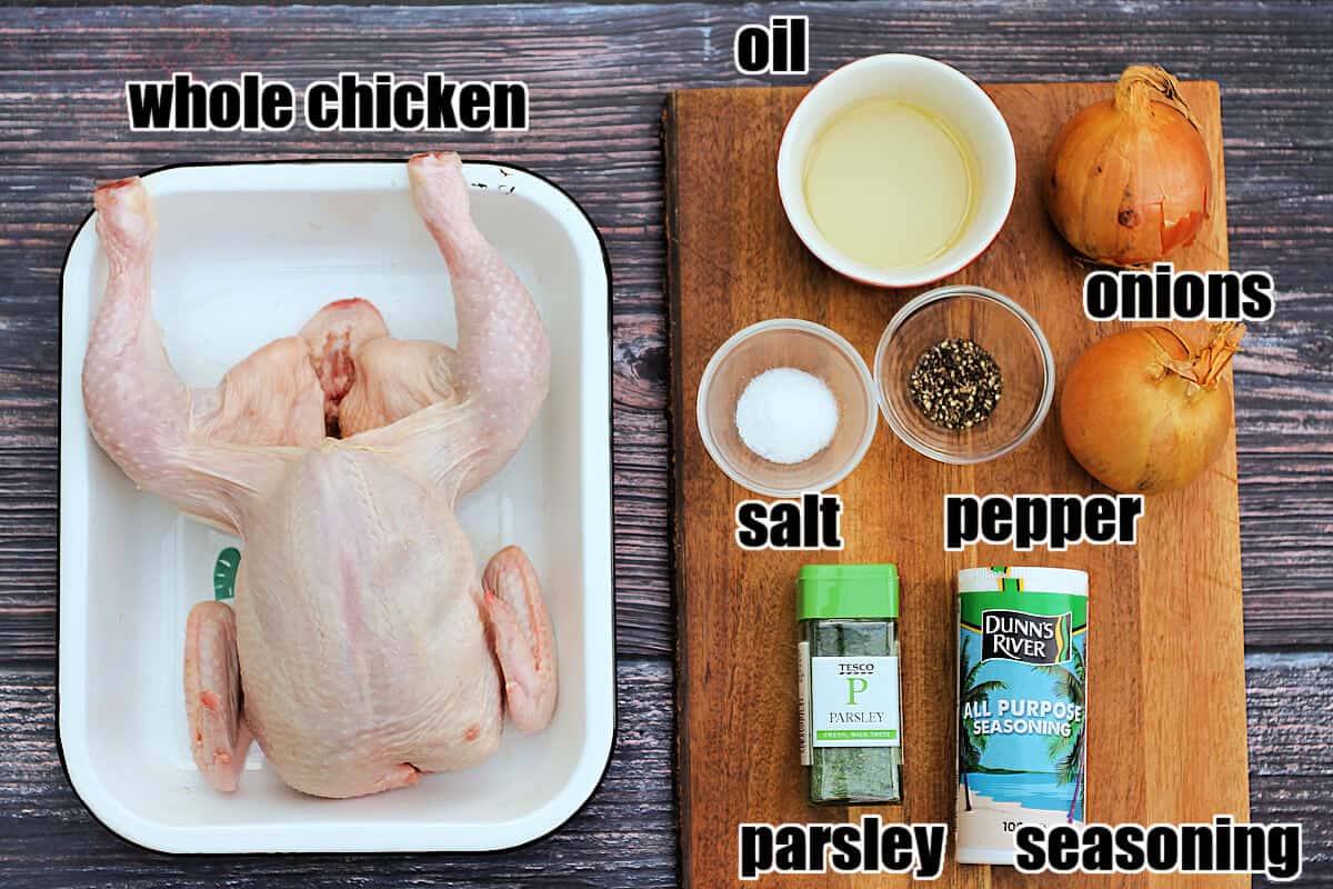 Ingredients for this recipe laid out and labelled with text captions.
