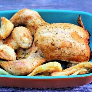 Roast chicken in a blue serving dish, with roast potatoes.