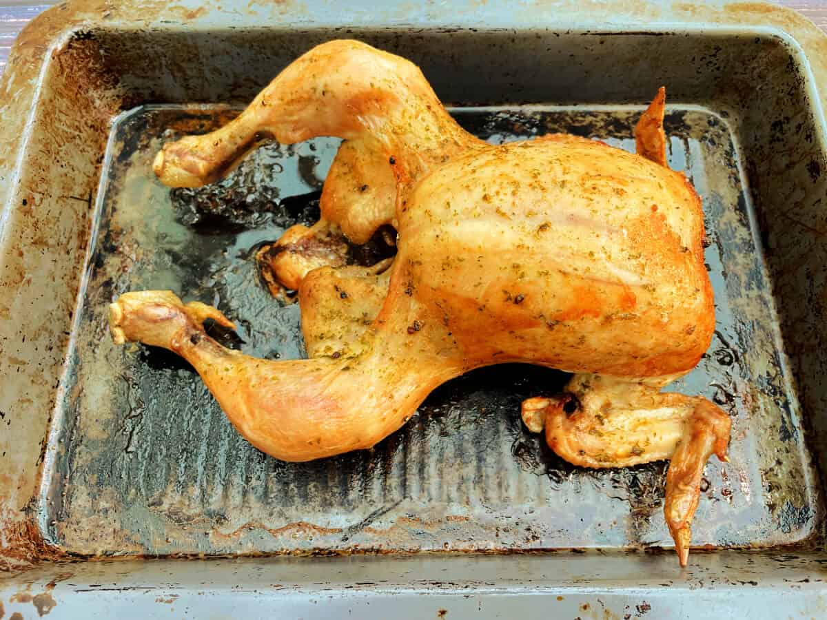 Roasted chicken on a metal roasting tray.