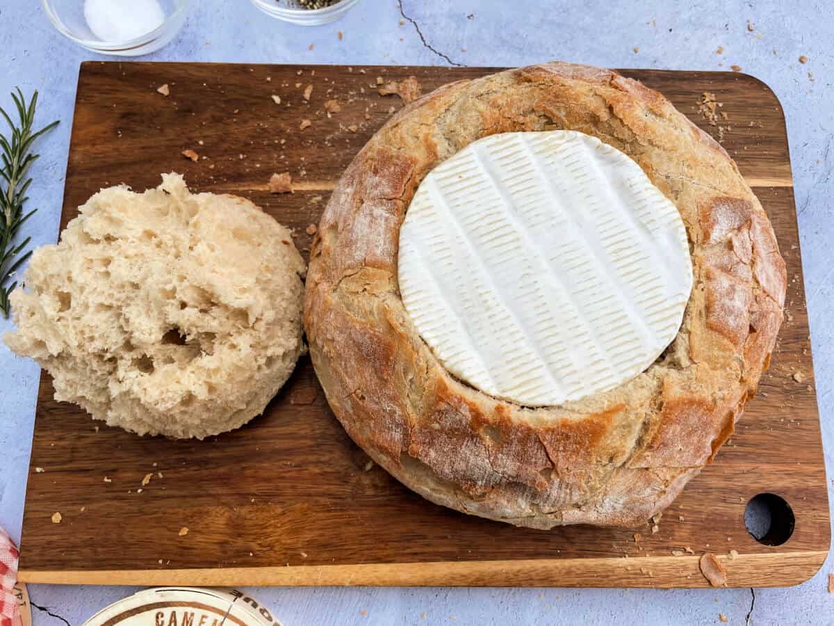 Round loaf with a camembert sunk into it.