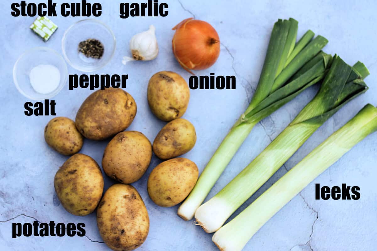 Labelled ingredients for potato leek soup.