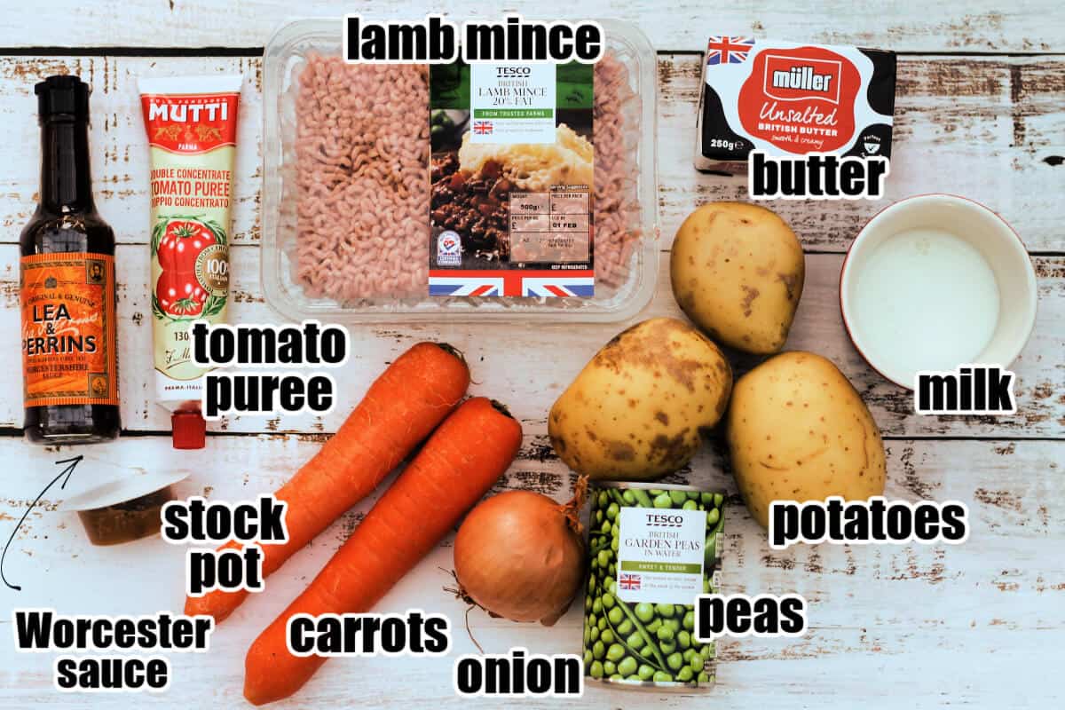 Ingredients for shepherd's pie, labelled.