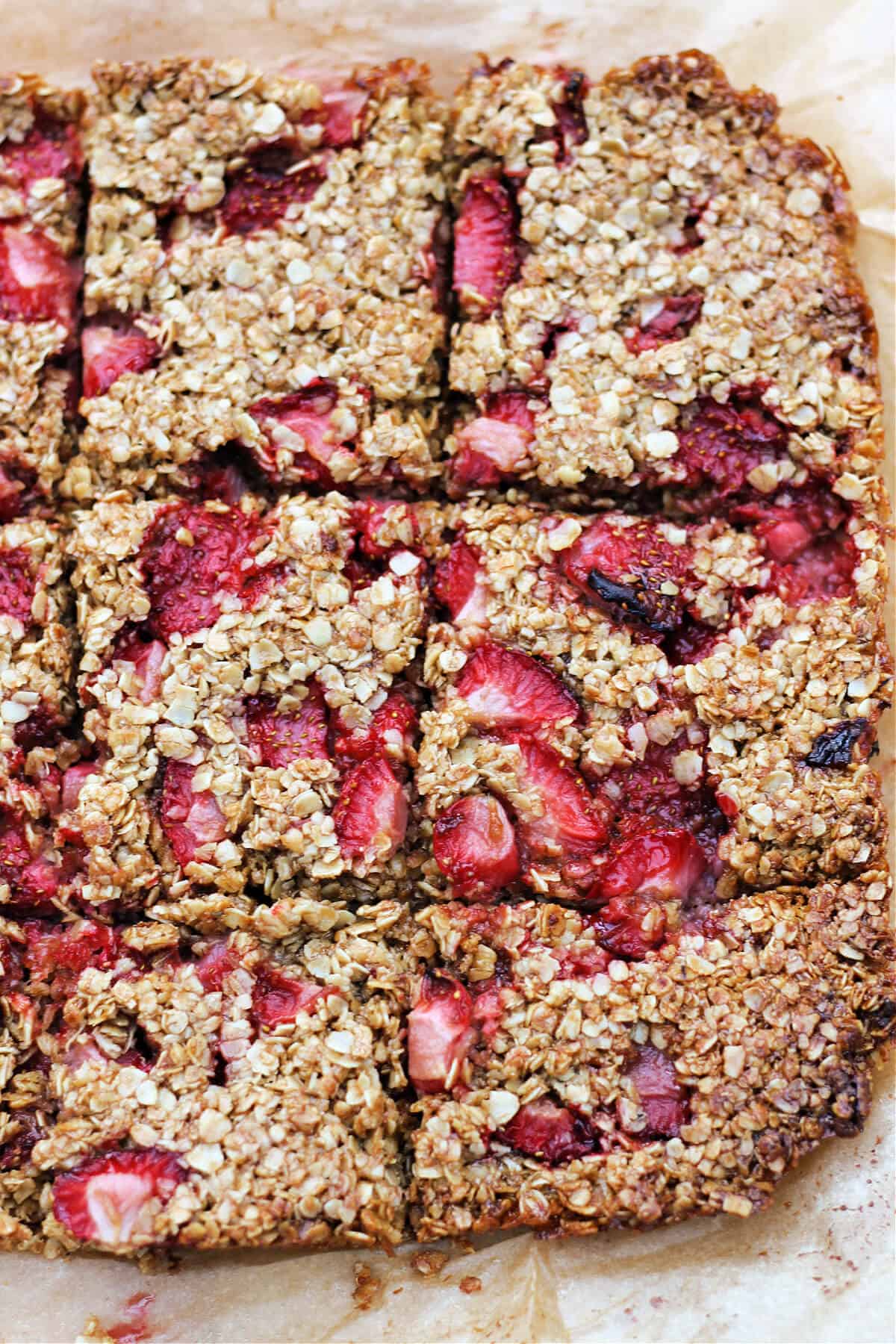 Flapjacks studded with strawberries.