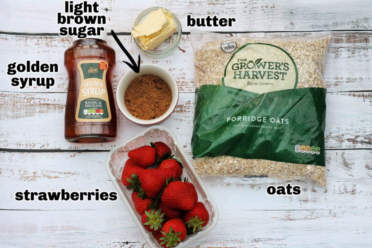 Ingredients for strawberry flapjacks, labelled.
