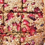 Flapjacks studded with strawberries.