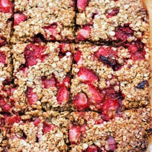 Flapjacks studded with strawberries.