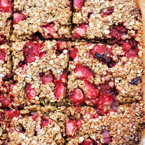 Flapjacks studded with strawberries.