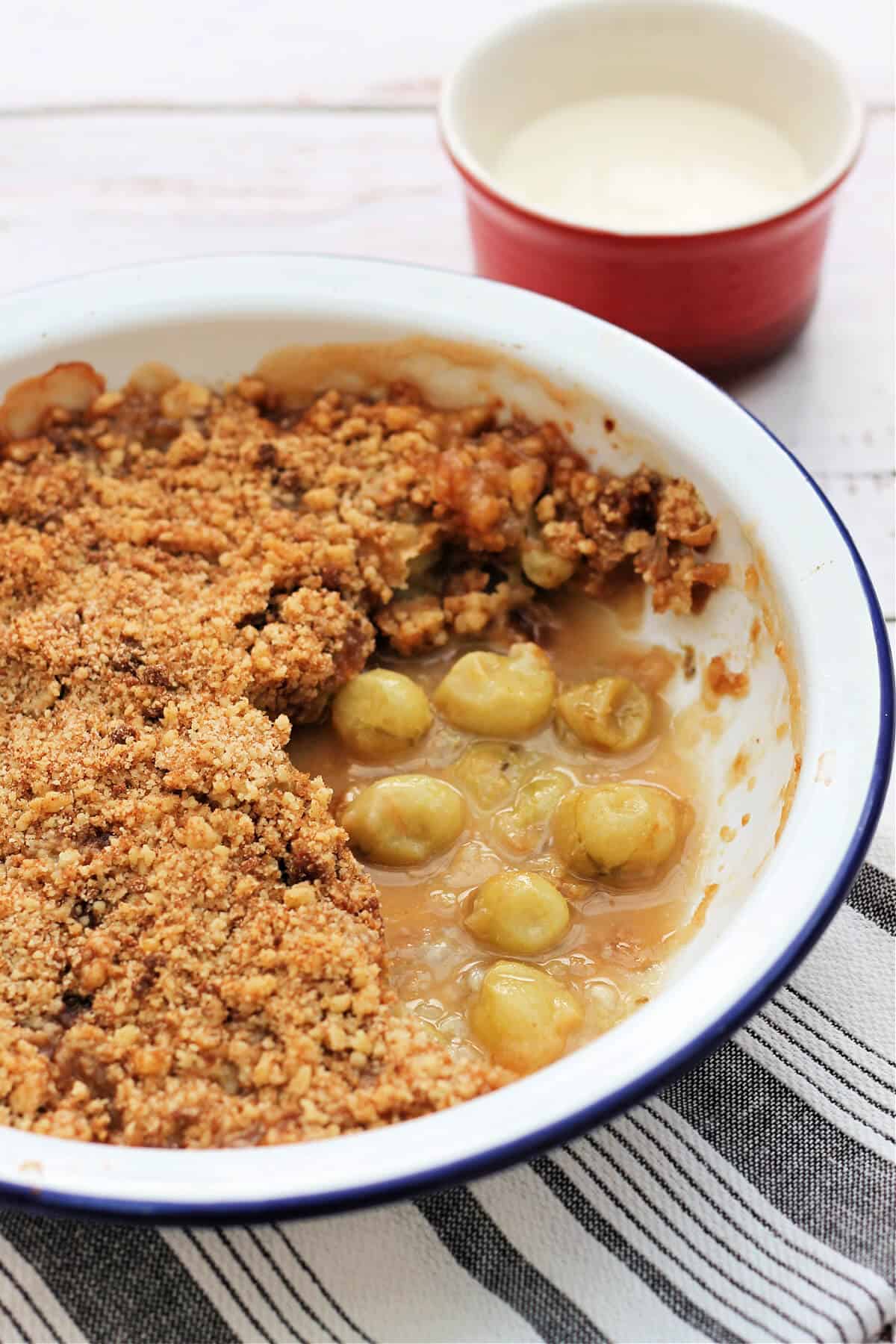 Crumble in a white pie dish.