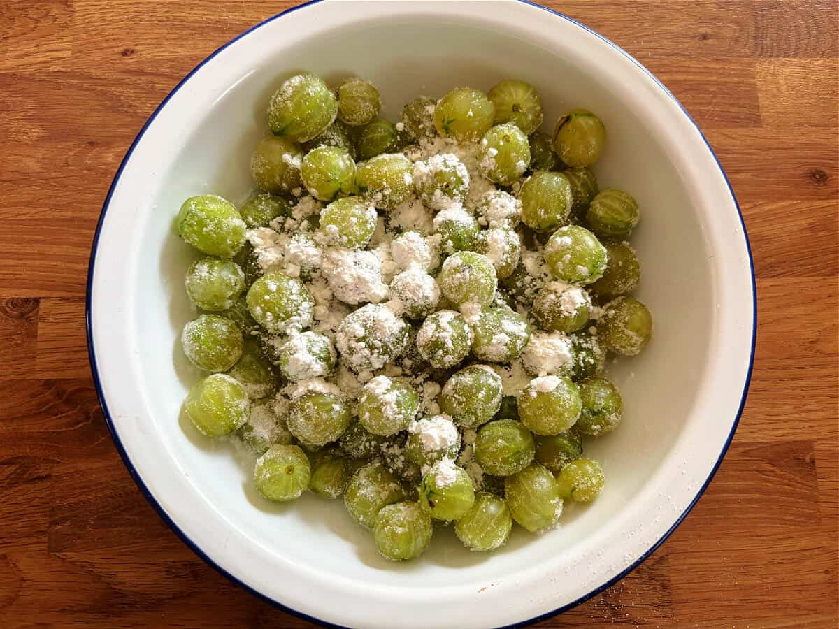 Gooseberries in a pie dish with sugar sprinkled over.