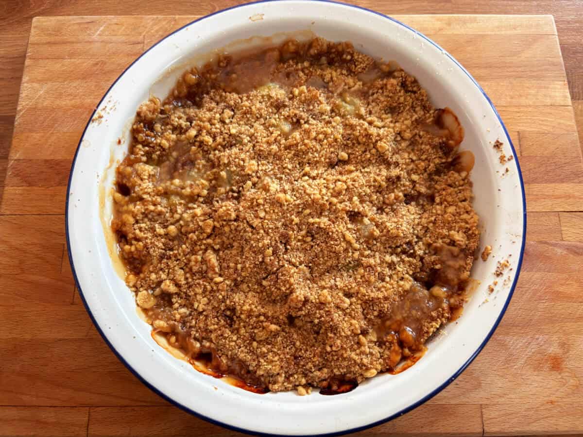 Baked gooseberry crumble.