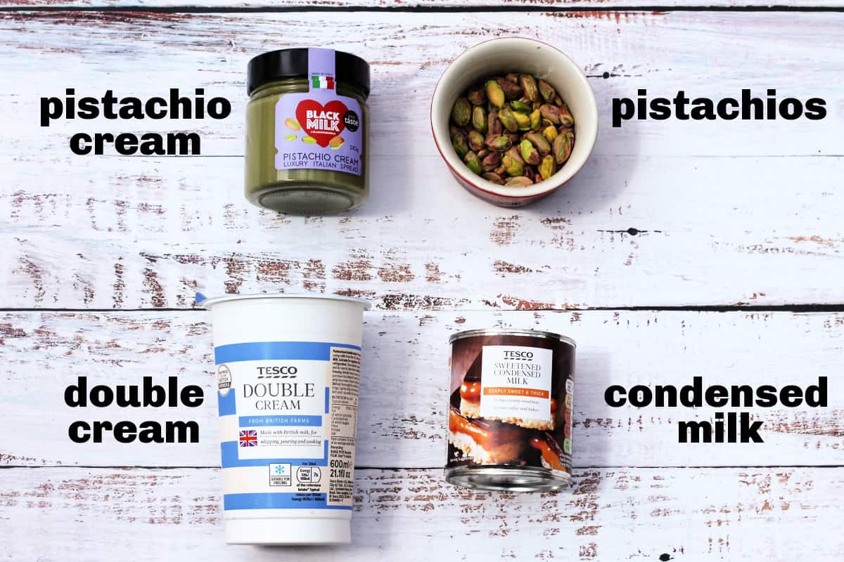 Ingredients for ice cream laid out, with text labels.