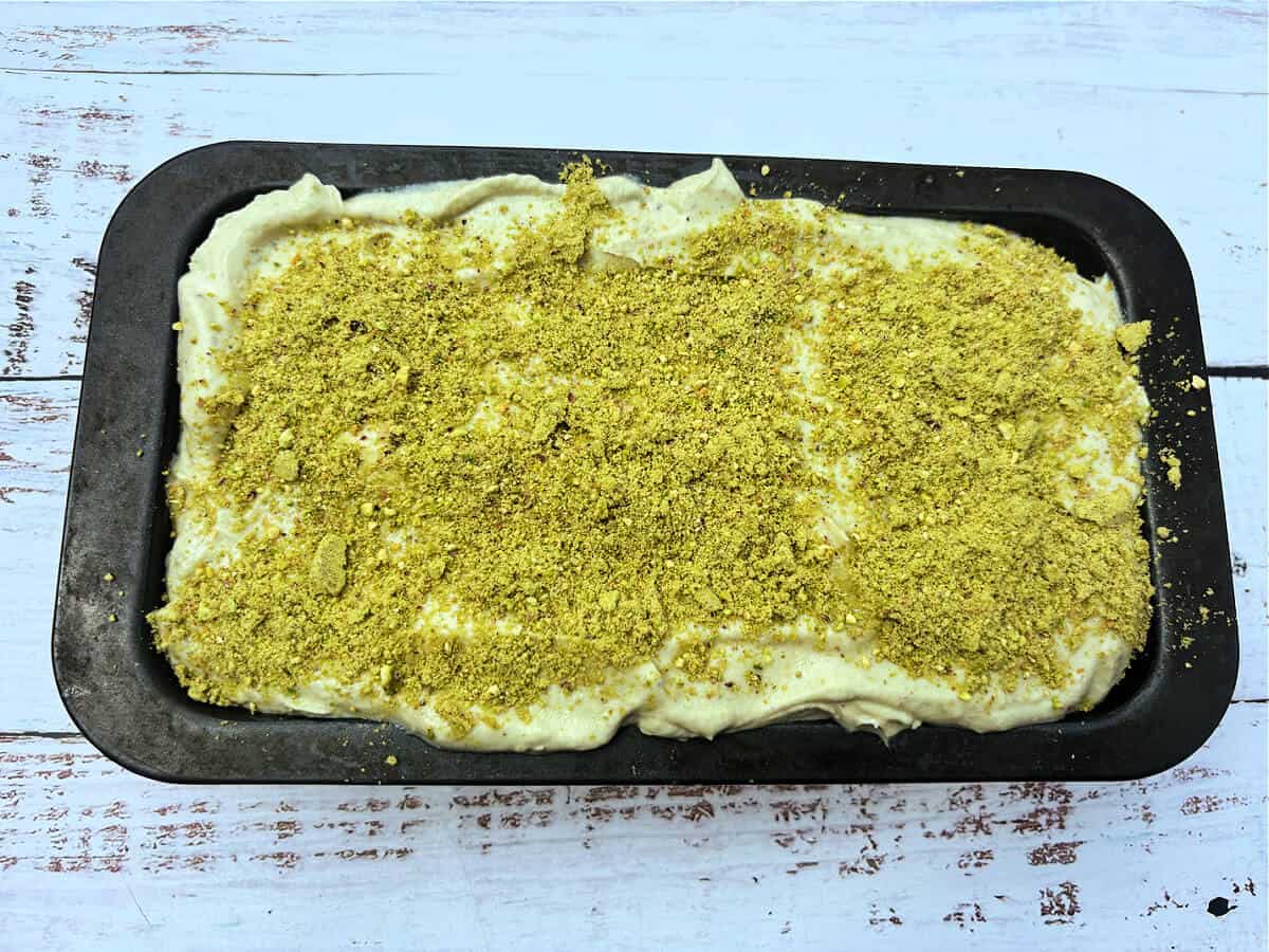 Ice cream mixture in a loaf tin, ready to freeze.