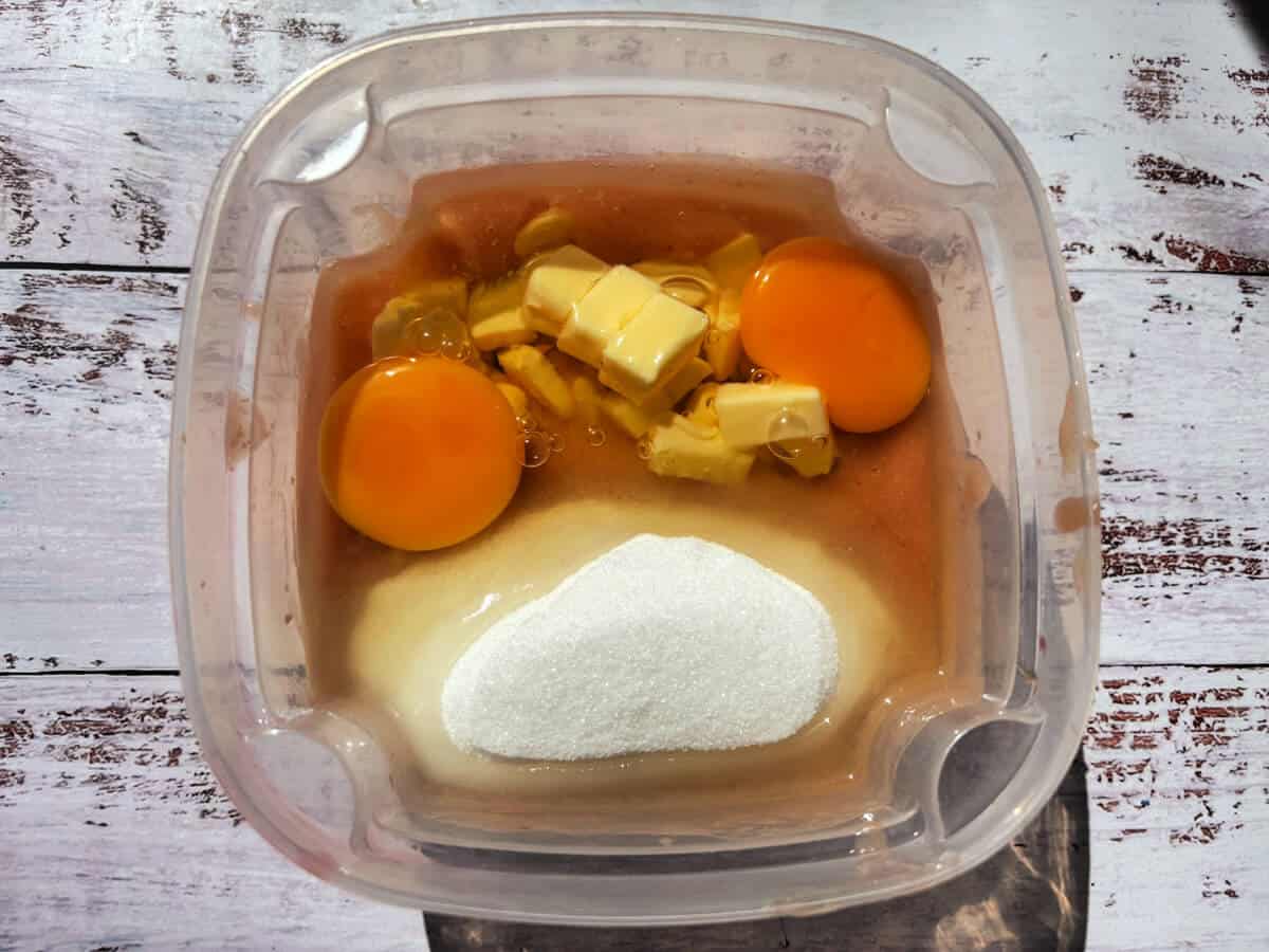 Peach curd ingredients in a tub.