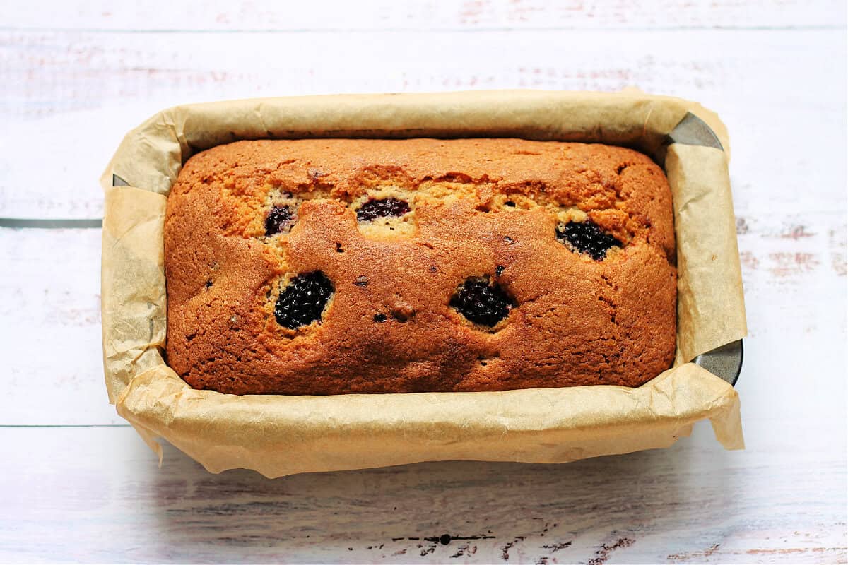 Baked blackberry cake in tin.