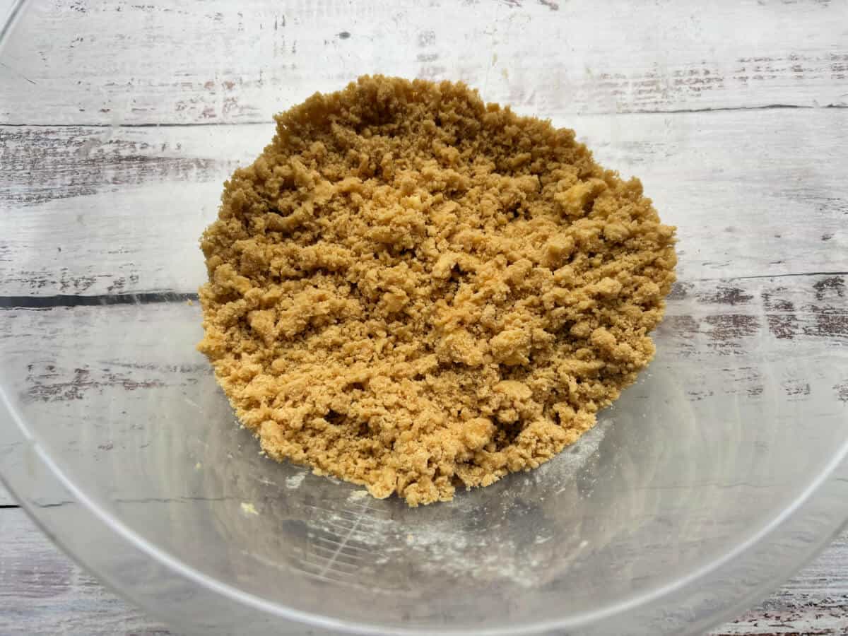 Cake mixture in a bowl, after rubbing together.