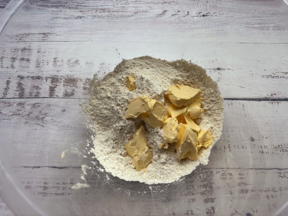 Butter and flour in a mixing bowl.