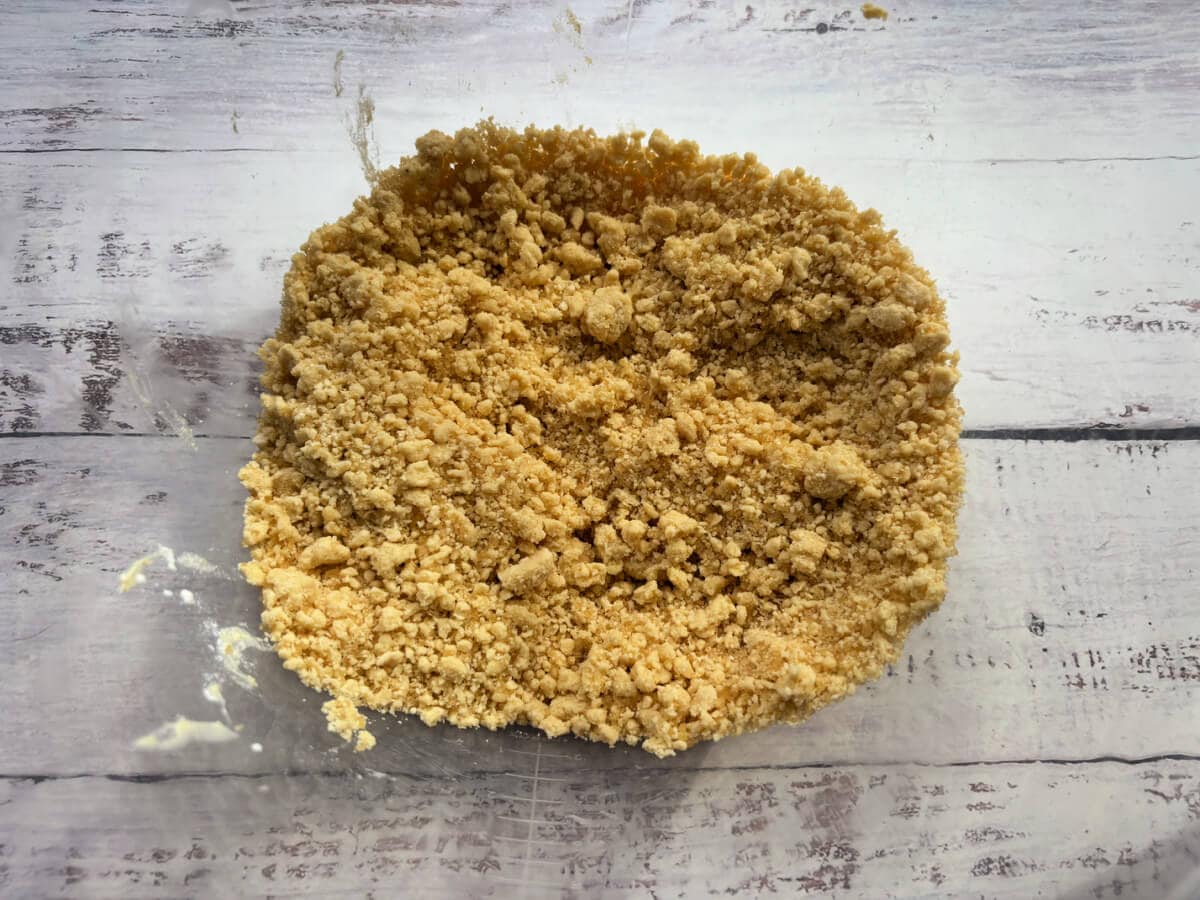 Fully ready crumble topping in a bowl.