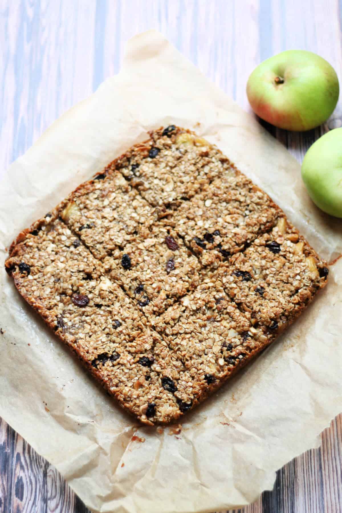 A slab of flapjacks cut into squares.