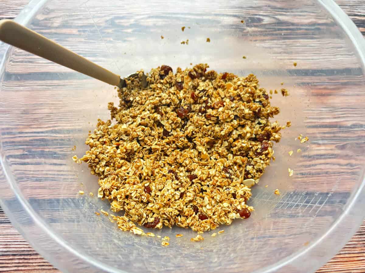 Flapjack mixture in a clear bowl.
