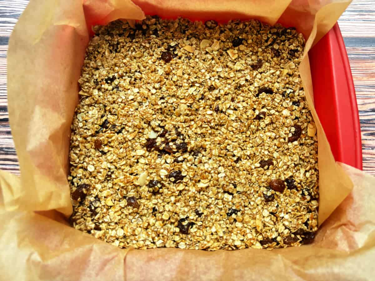 Flapjack mixture pressed into baking tray.