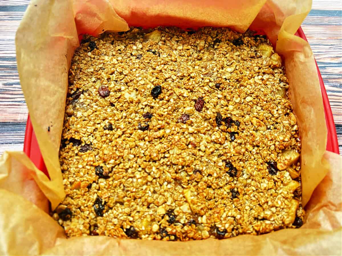 Baked flapjacks in a baking tray.