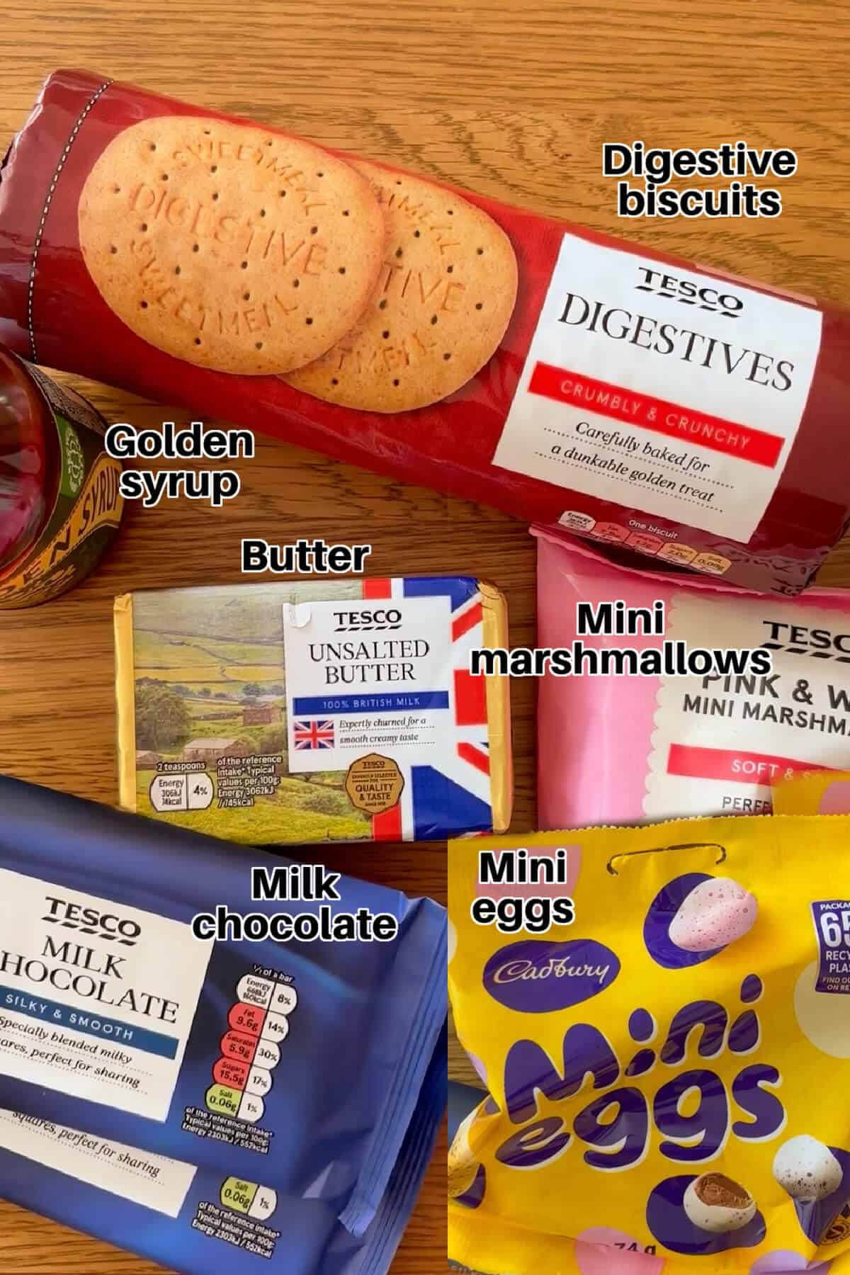 Labelled ingredients on table, for mini egg rocky road.