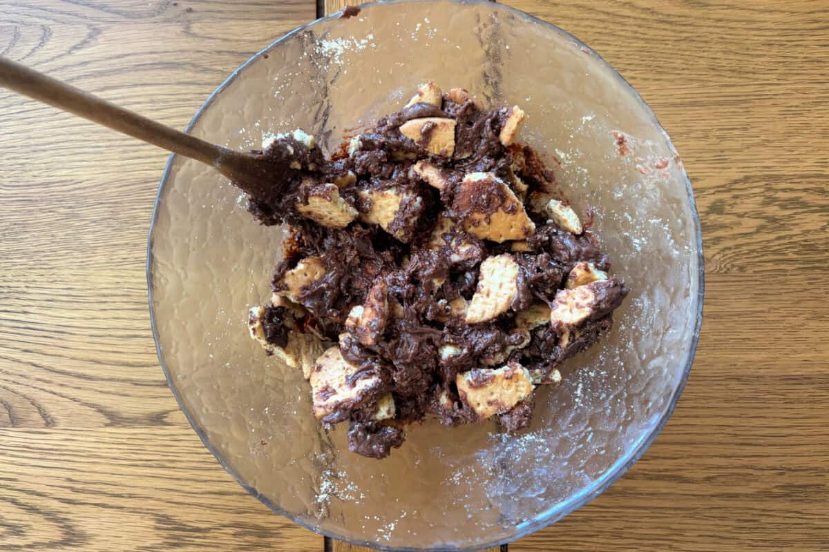 Biscuit and chocolate mixture in bowl.
