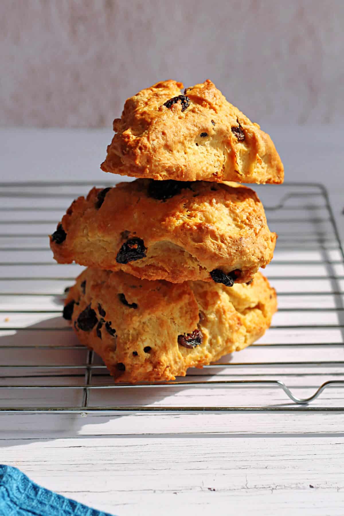 A stack of three fruit scones on a baking rack.