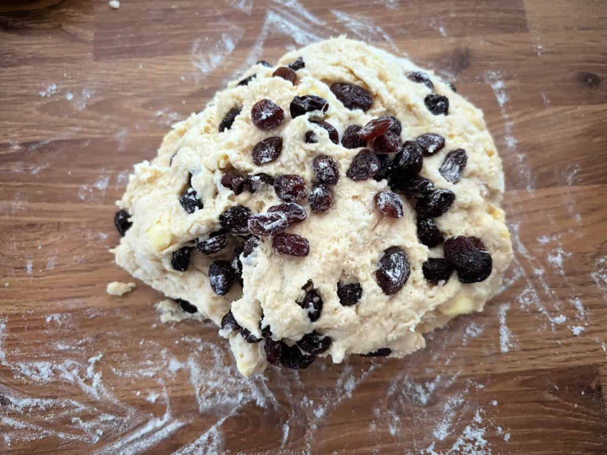 Raisins added to scone mixture.