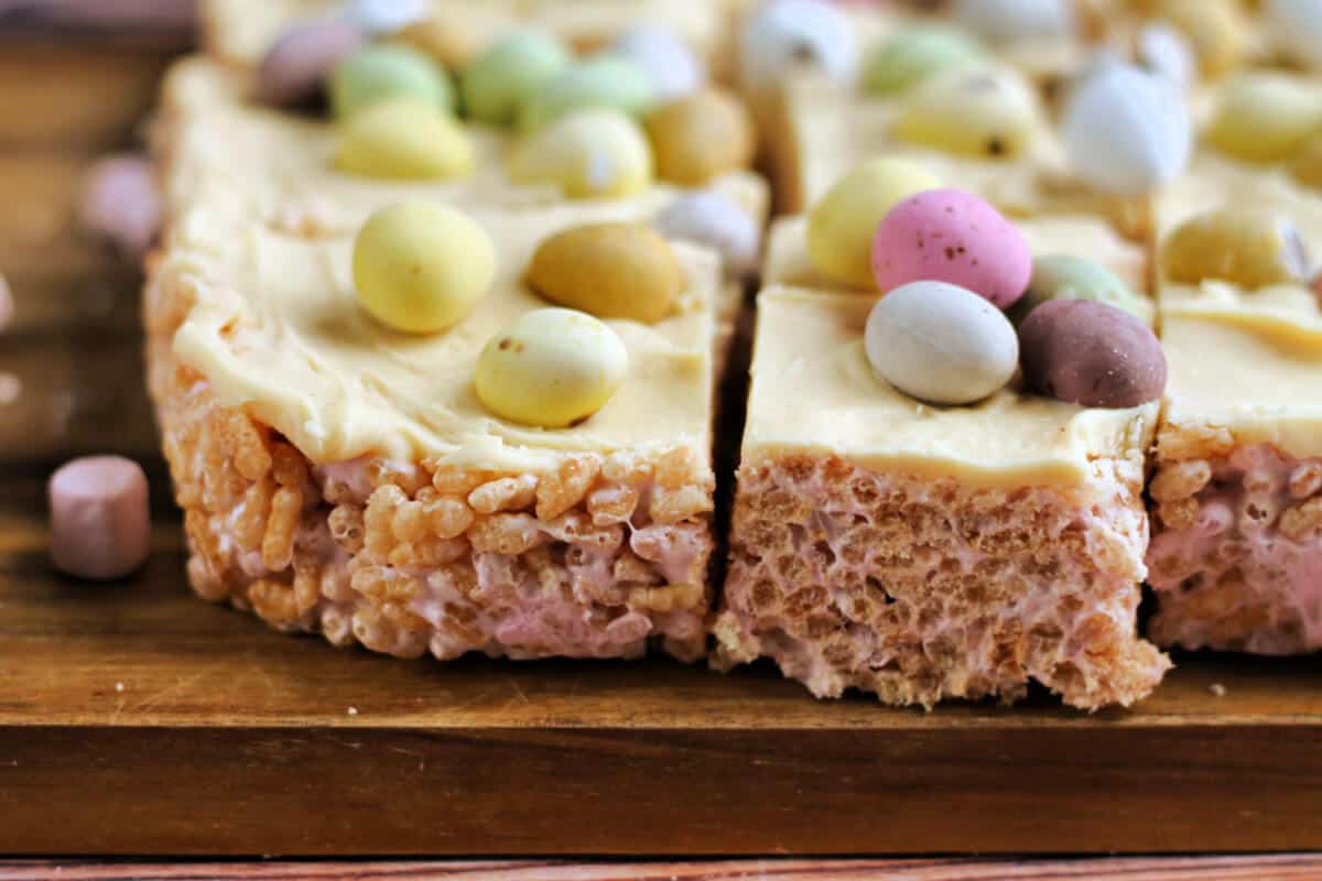 Rice Krispie treats with white chocolate and pastel egg topping.