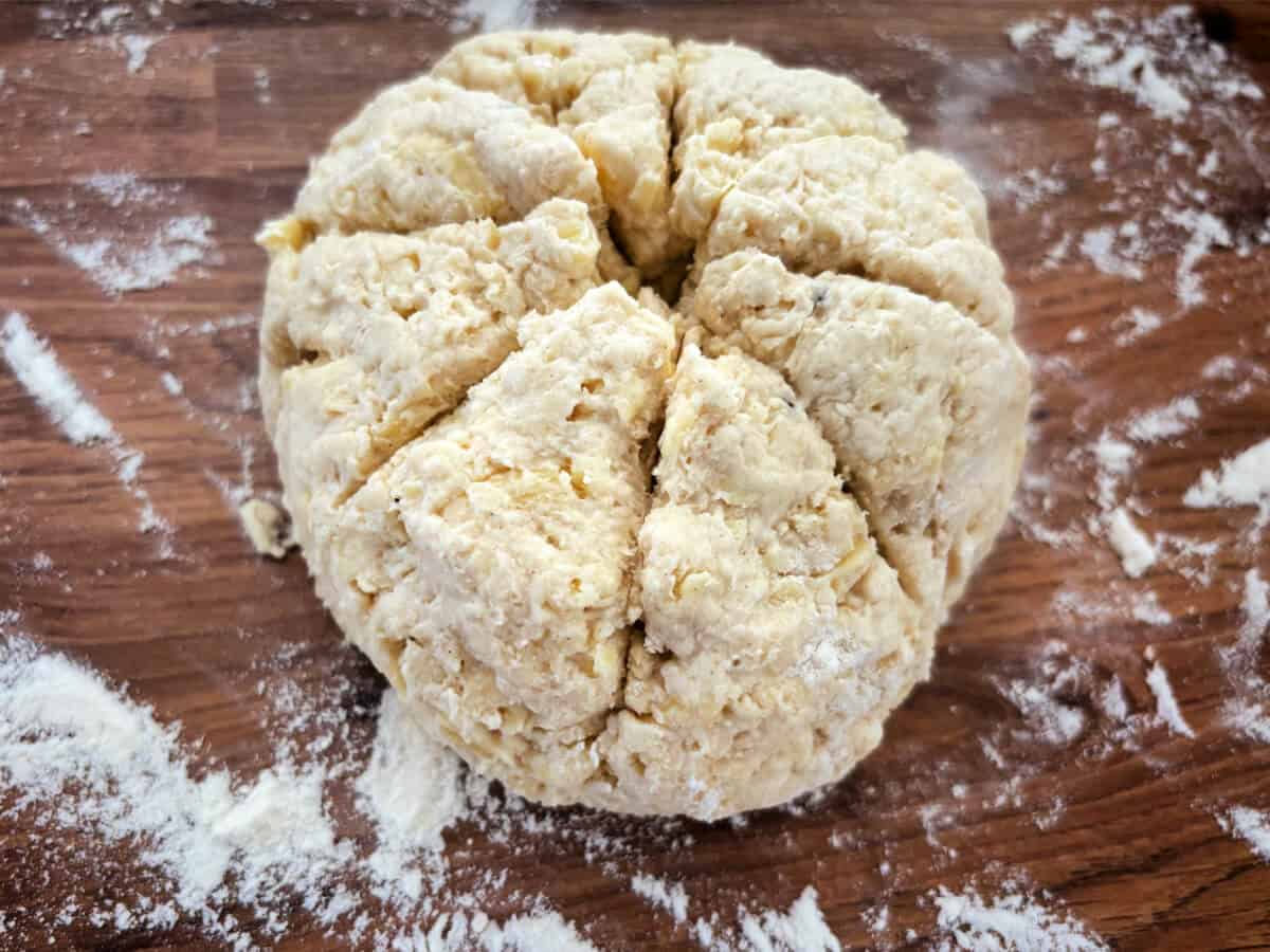 Scone round scored on the top.