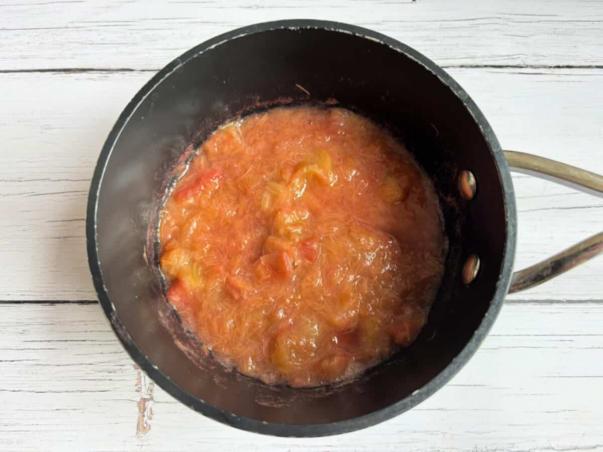 Stewed rhubarb in a saucepan.